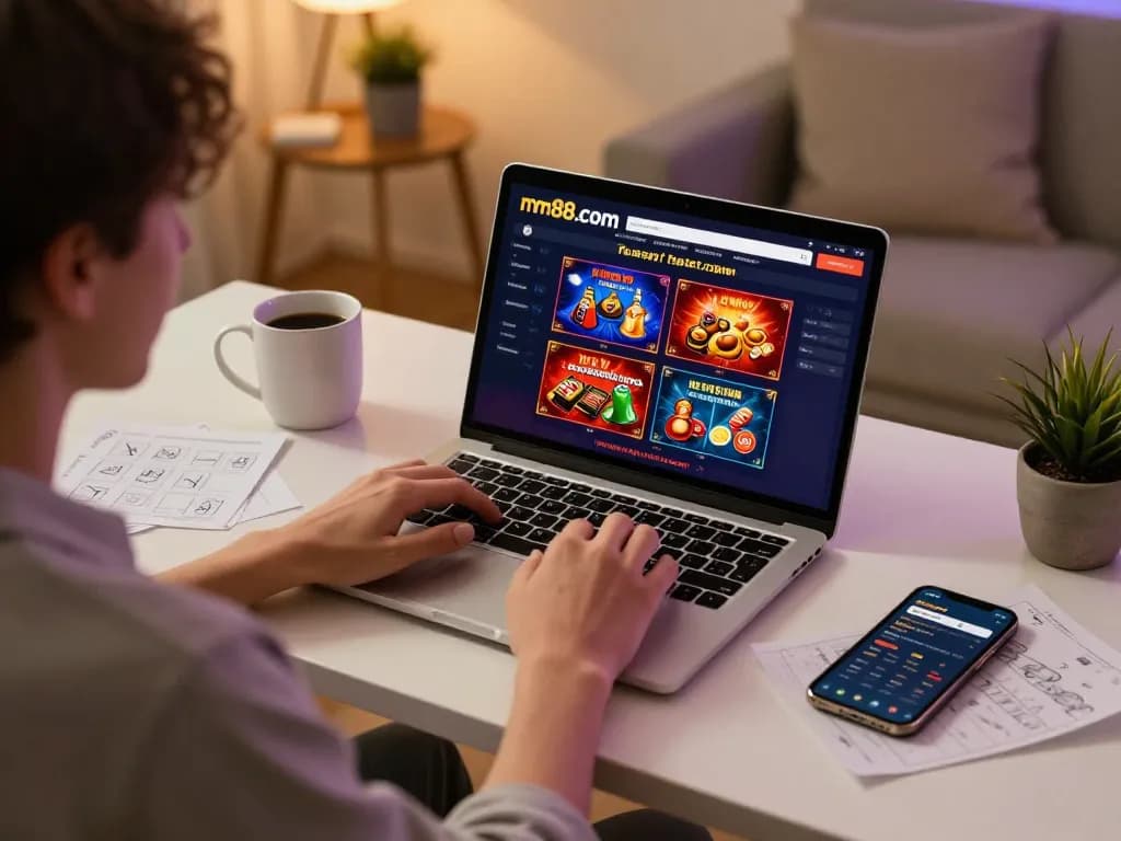 Engaging in online gaming at mm88.com, showcasing a lively laptop betting interface with ambiance.