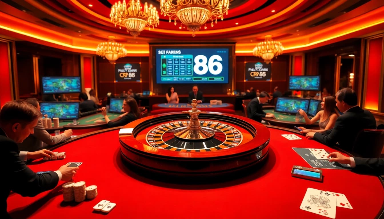 RR88 players enjoy an exciting casino atmosphere with roulette and poker tables.