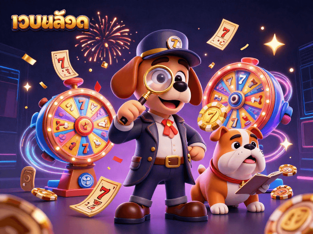 Engage with เว็บสล็อต through a 3D cartoon scene of a detective bloodhound discovering poker chip clues amidst dazzling casino elements.