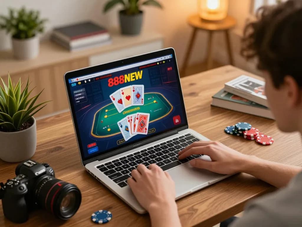Player engaged in online gaming at 888NEW with cards and chips in cozy setup