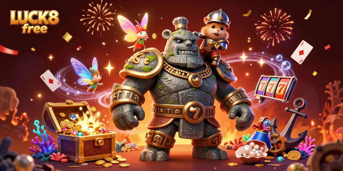 Experience the excitement of LUCK8 free with golden treasures and vibrant characters in a rich casino setting.