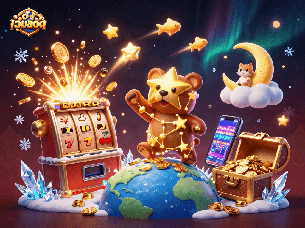 Engage with เว็บสล็อต as a constellation bear gathers winnings from a vibrant gaming universe.