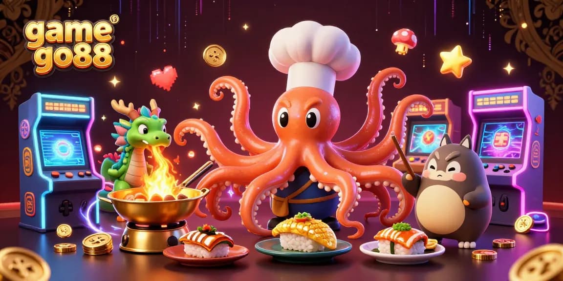 Engage with game go88 in a vibrant casino scene featuring a cartoon octopus chef and dragon.
