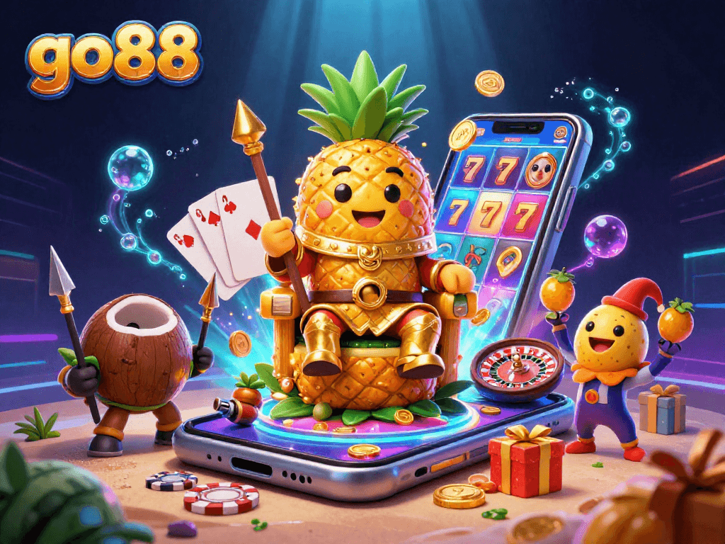 Engage with the go88 gaming scene featuring a pineapple king, vibrant slot action, and thrilling casino elements.