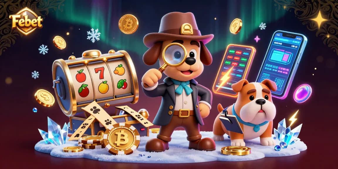 Engage in thrilling gameplay at Febet, where a detective dog uncovers poker treasures surrounded by vibrant gaming elements.