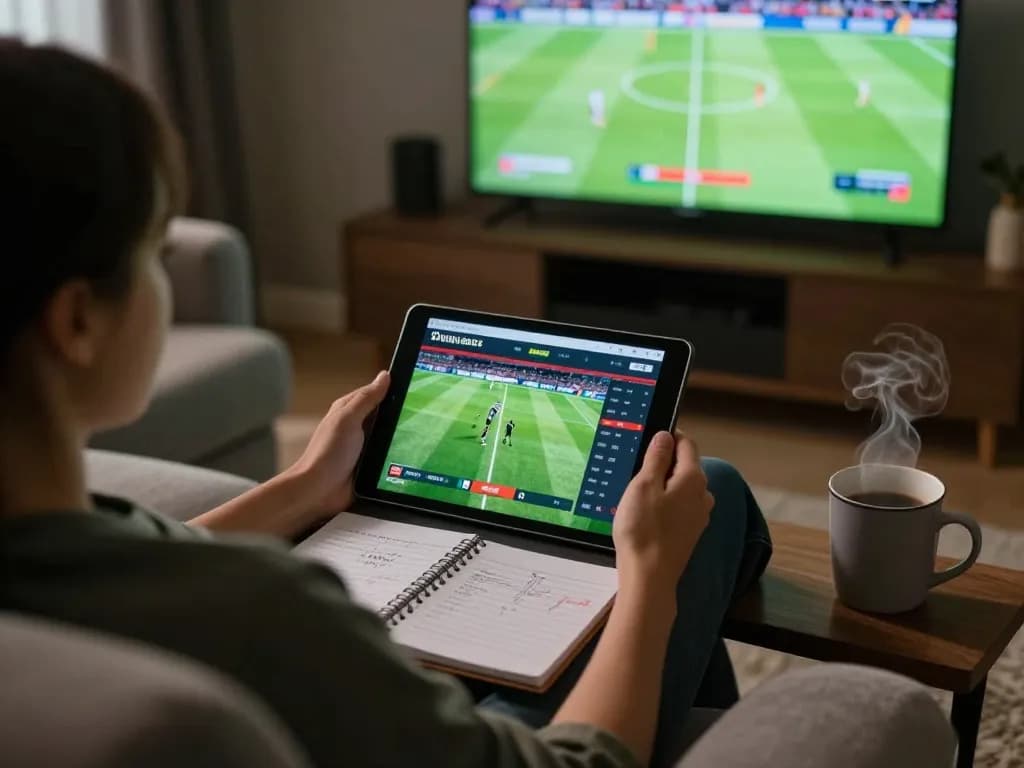 Engaging in sports betting at home with tablet showing Các loại kèo bóng đá.
