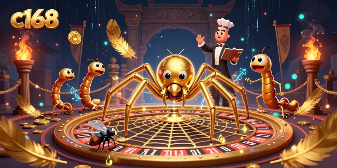 Place bets at c168 with a dynamic 3D illustration featuring gaming characters and rich casino elements.