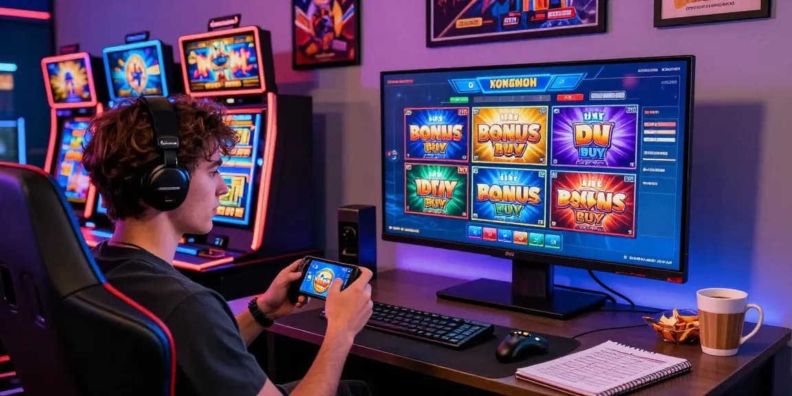Exciting non UK casino gaming scene with vibrant slot machines, player enjoying immersive games at home.