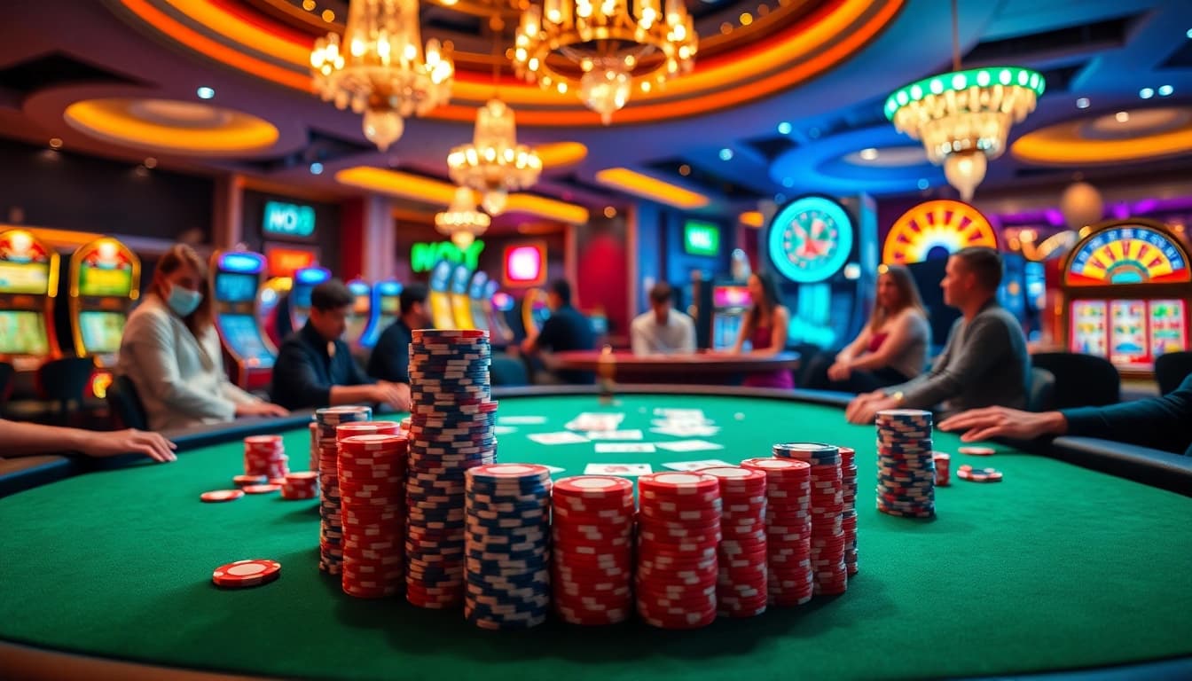 Experience go88 excitement at a luxury casino poker table with vibrant chips and lights.