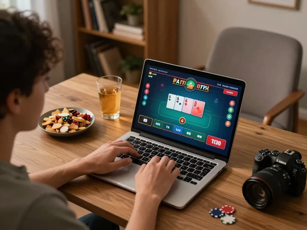 Person engaging in online poker at open88.com in a cozy home setting while enjoying snacks and drinks.