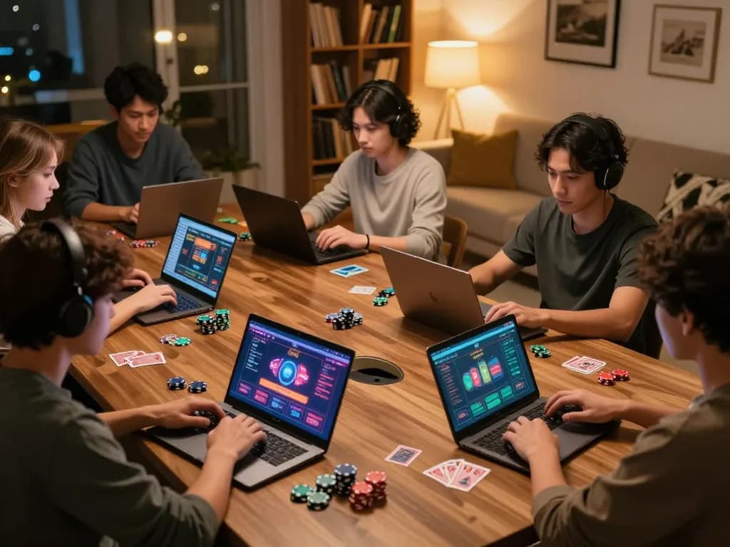 Players engaging in online gaming featuring casino setups at https://luckywin.solutions/ with laptops and mobile devices.