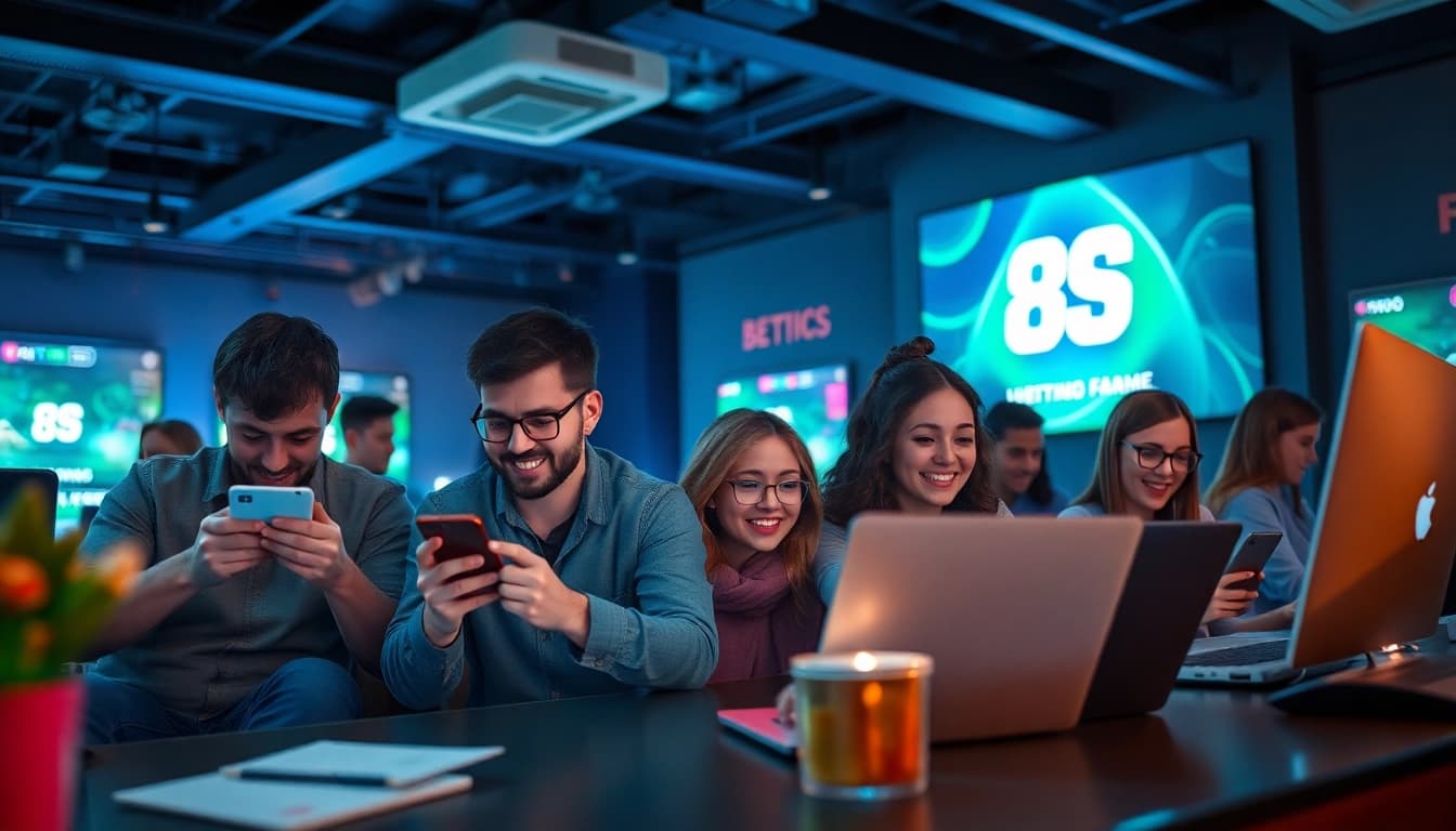 Engaging players enjoying house betting on the nhà cái 8s platform, showcasing its vibrant interface and user-friendly features.
