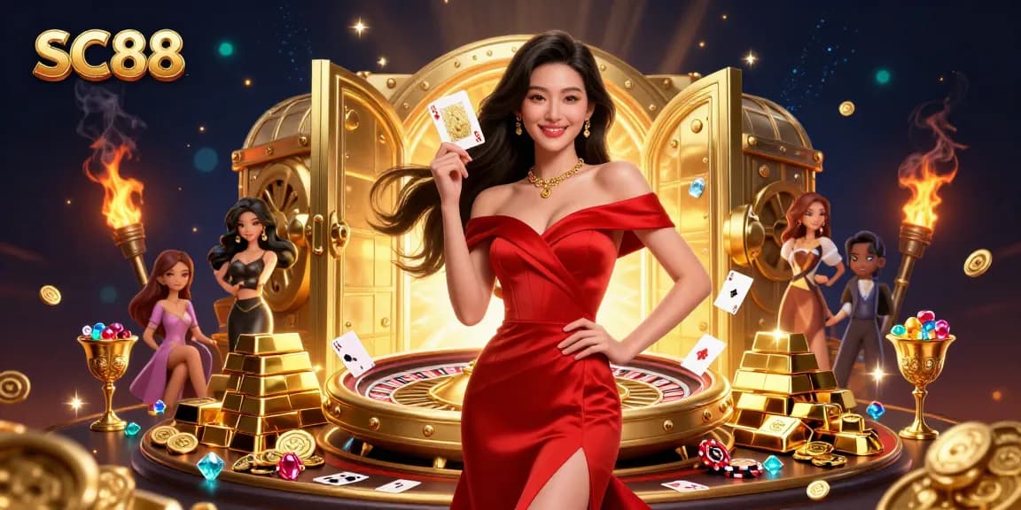 Engage with SC88's exciting casino atmosphere featuring a stunning woman and a roulette wheel.