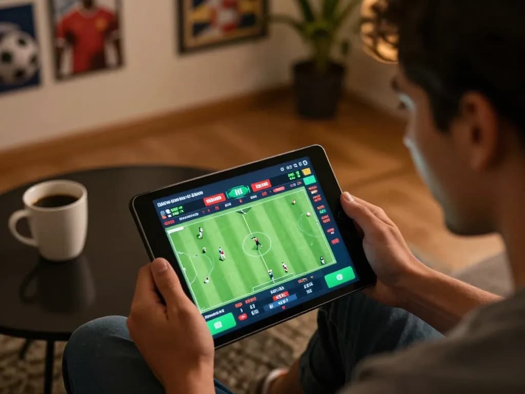 Engaging in sports betting on KQBD with live scoreboard interface on a tablet.