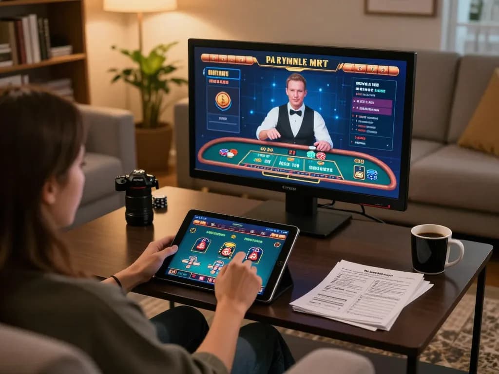 Engaging gameplay on bl555 tablet in cozy home setting, showcasing live dealer action.