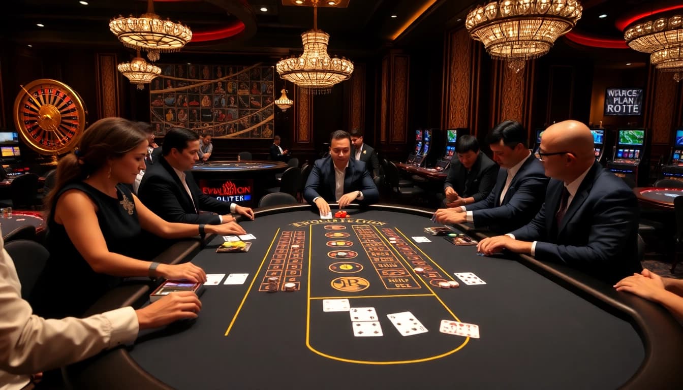 Action-packed scene of Evolution Blackjack with players bet in a luxury casino setting.