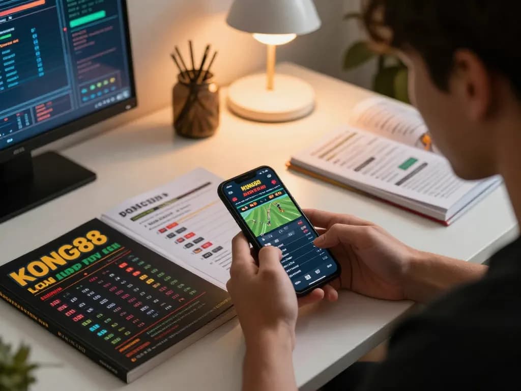 KONG88 sports betting excitement with a smartphone showing live odds during an engaging home gaming session.