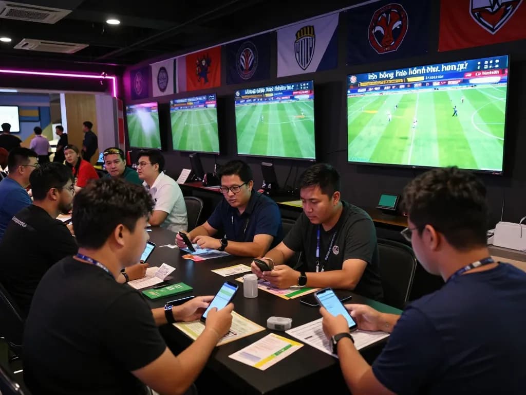 Fans engaged in kèo bóng đá hôm nay at a lively sports betting venue, placing bets and watching live matches