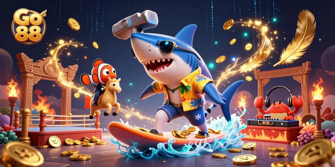 Surf and celebrate with the vibrant Go 88 casino scene featuring a shark, clownfish, and crab DJ.
