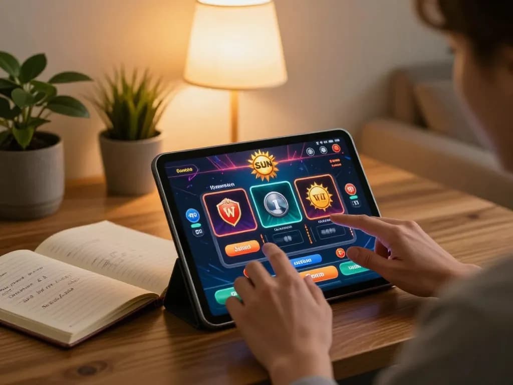Engaging in the Sun win casino app on a tablet during a cozy home gaming session, enhancing responsible gambling.