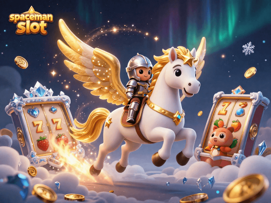 Experience the excitement of the spaceman slot with a celestial knight on a magical horse surrounded by colorful slot elements.