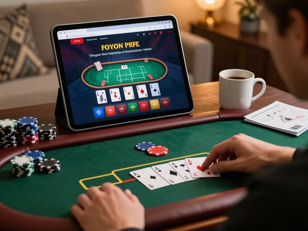 Person playing poker on a tablet for an online casino experience with 98win98 strategy notes