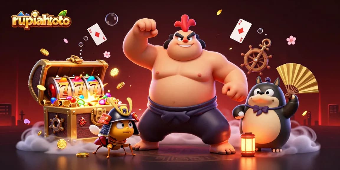 Mengalami keseruan bermain di rupiahtoto dengan ayam sumo raksasa dan kriket samurai, dikelilingi harta karun slot.