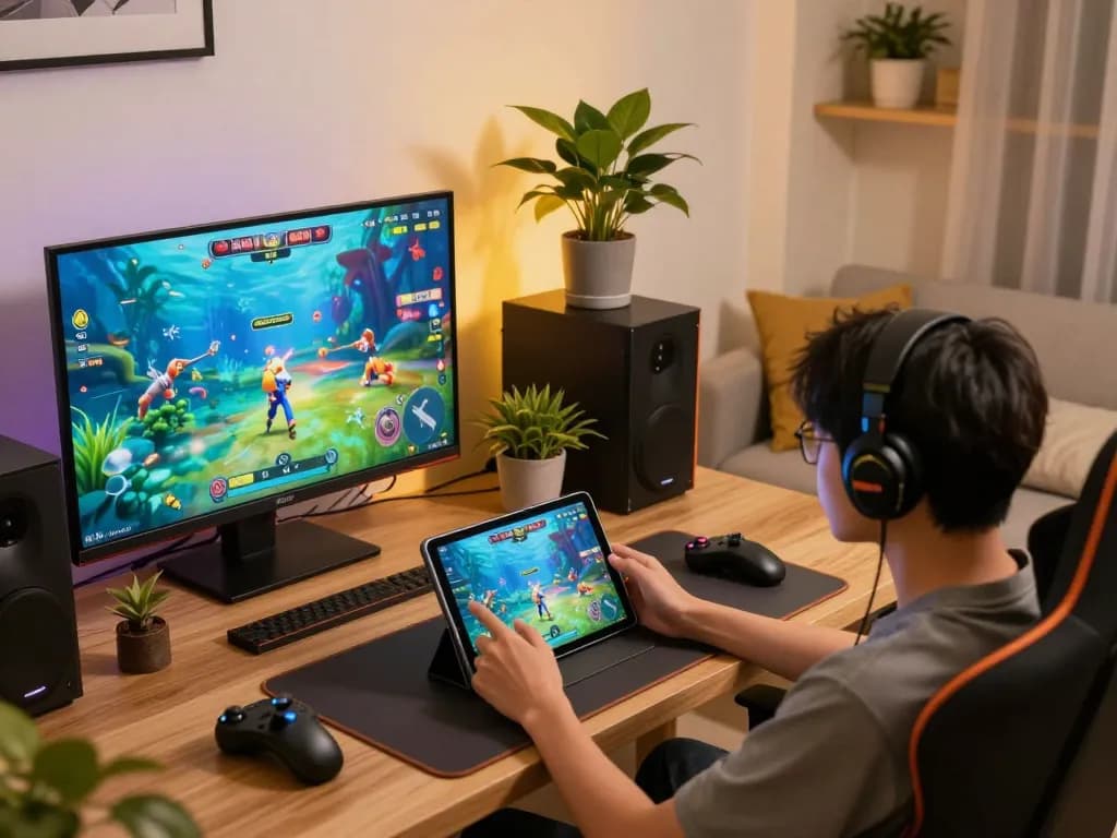 Bắn cá KO66 gameplay on tablet with vibrant graphics in a cozy home setting