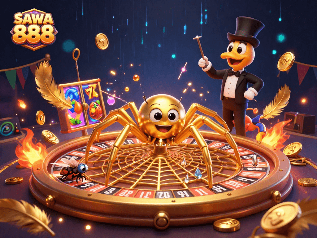 Engage in exciting betting adventures at SAWA 888 with a vibrant 3D illustration featuring a roulette-themed web.