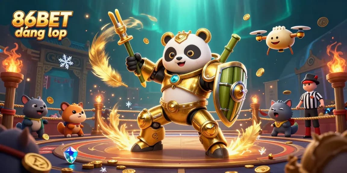 86BET đăng nhập immersive gaming scene with mech-suit panda and action-packed casino elements.