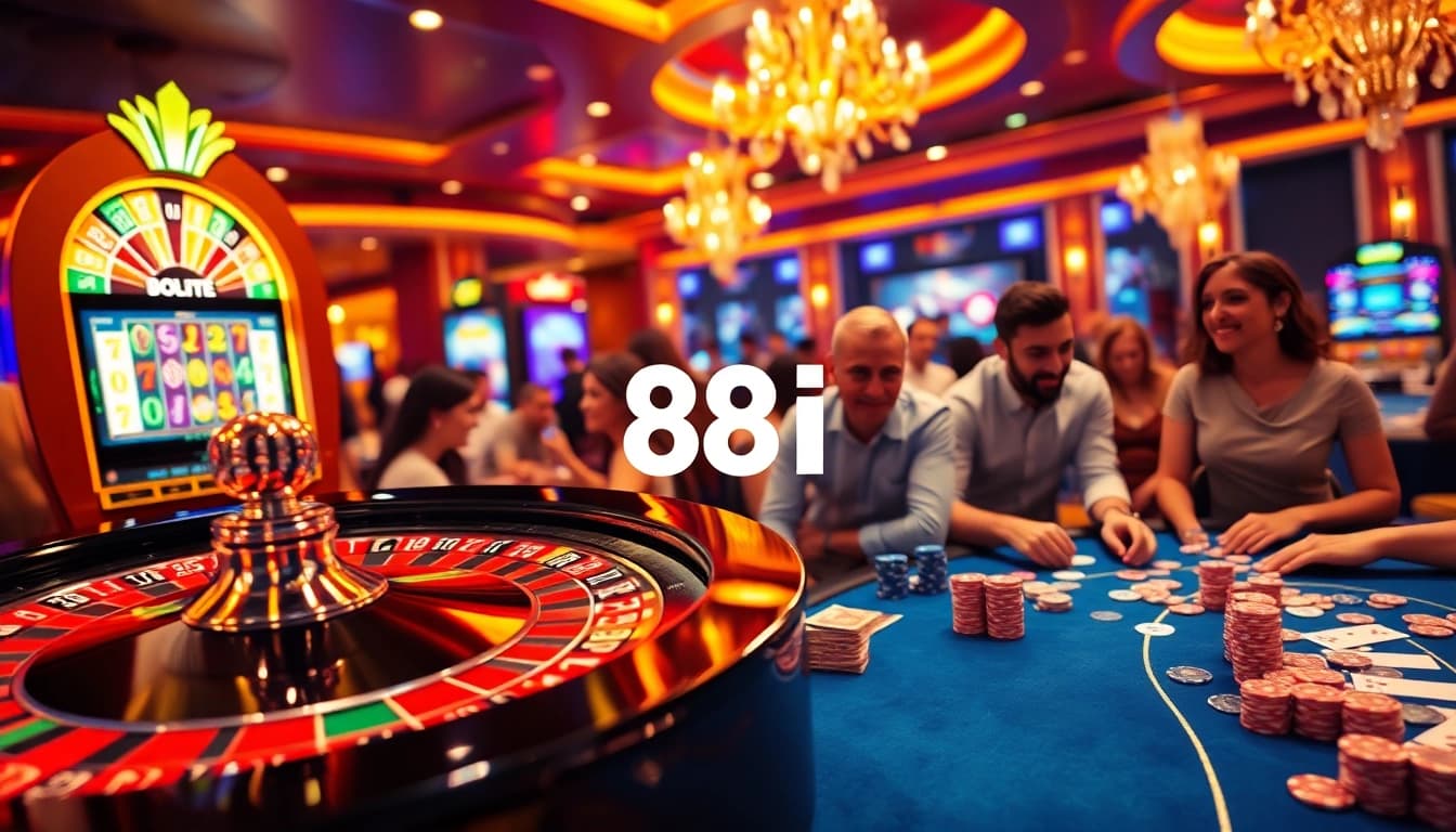 Gamblers engaging in exciting gaming activities at 88I casino, featuring roulette and slot machines.
