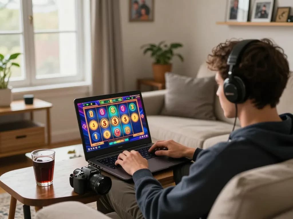Engaging in slot online gameplay at home on a cozy couch with vibrant visuals on screen.