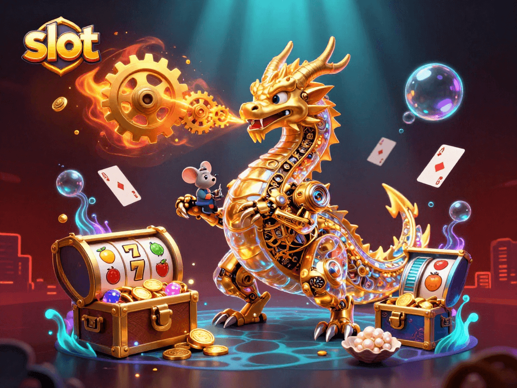 Engage with thrilling slot gameplay while the dragon breathes golden gears, surrounded by coins and jackpots.