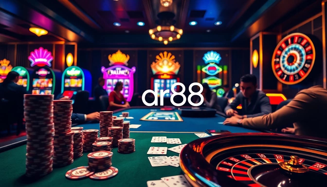 Players at dr88 casino engaged in a thrilling poker game with colorful chips and cards.