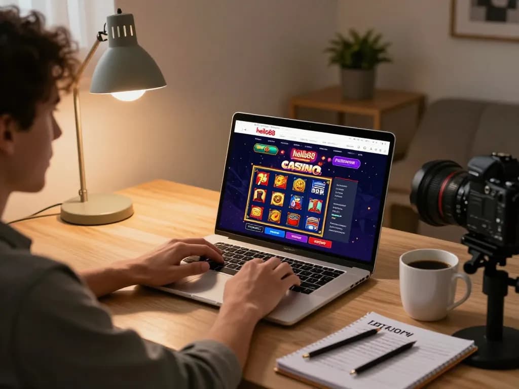 Engaging player exploring hello88 casino slot games on a laptop from a cozy home setup.