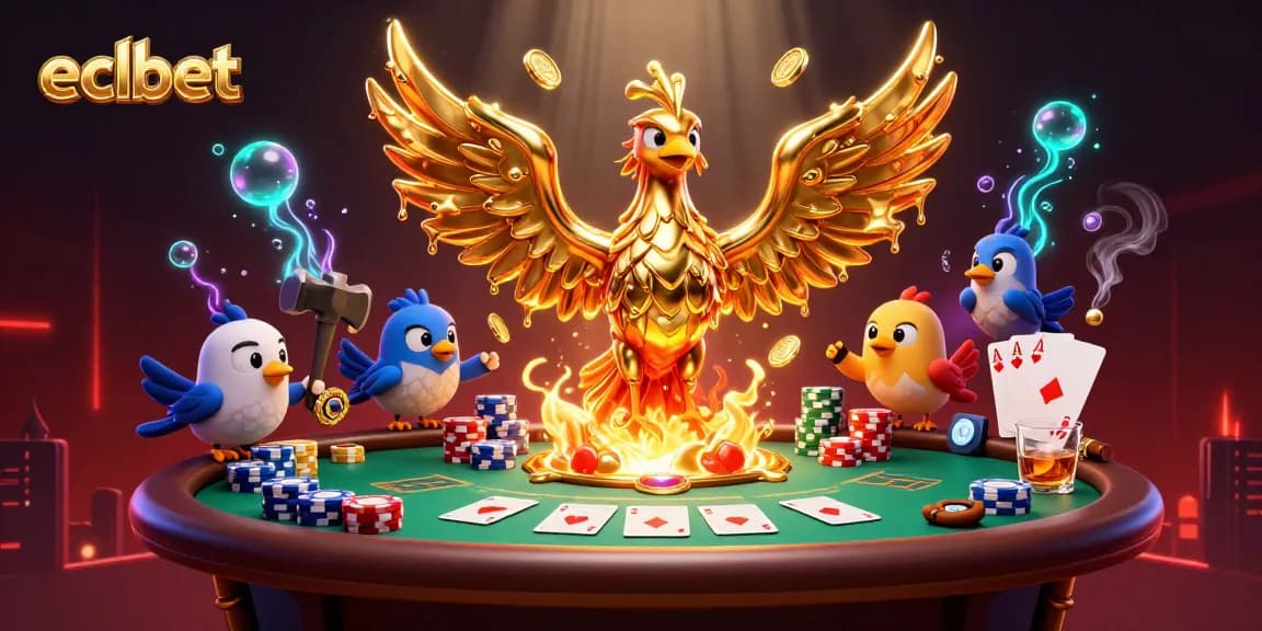 Win big with eclbet as golden phoenix emerges amidst dynamic poker action in a vibrant casino setting.