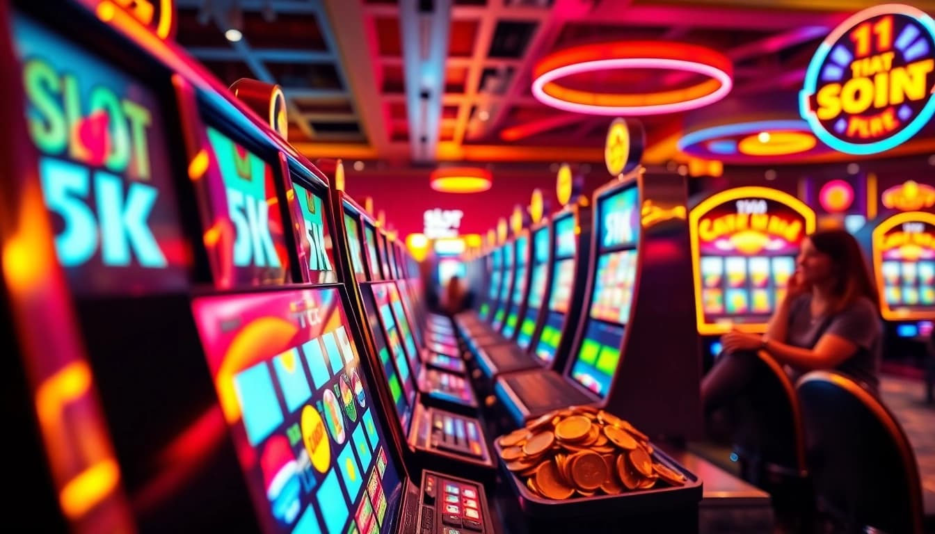 Menang di slot 5k dengan mesin slot yang berkilau dan ceria di kasino.