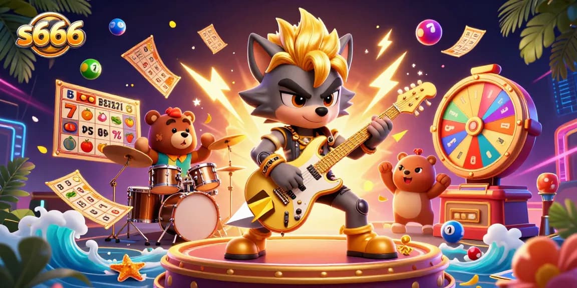 S666 online gaming artwork with electric guitar wolf, vibrant slot elements and dynamic effects