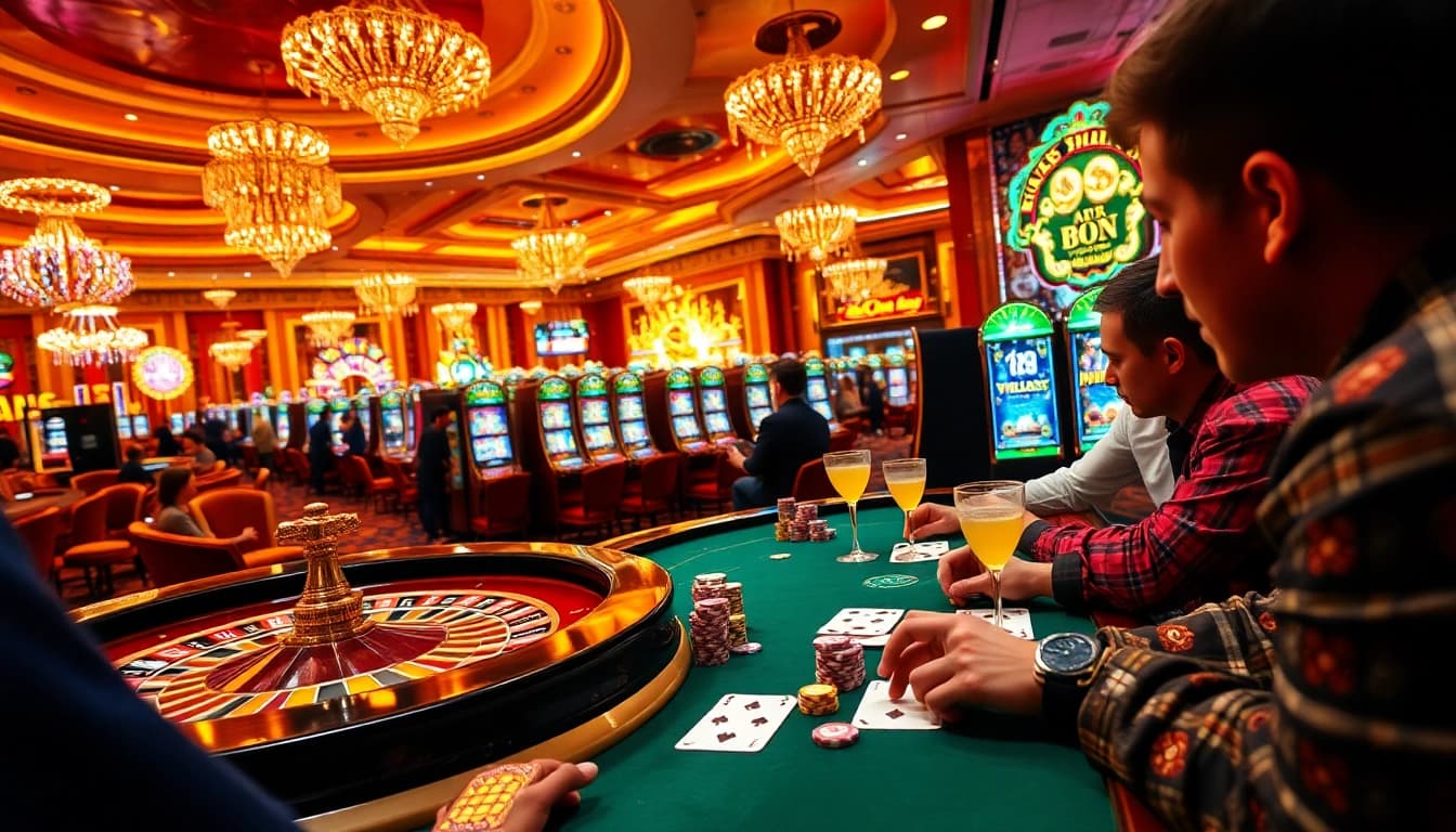 Experience the thrill of gambling with DR88, featuring vibrant casinos, roulette wheels, and intense poker games.