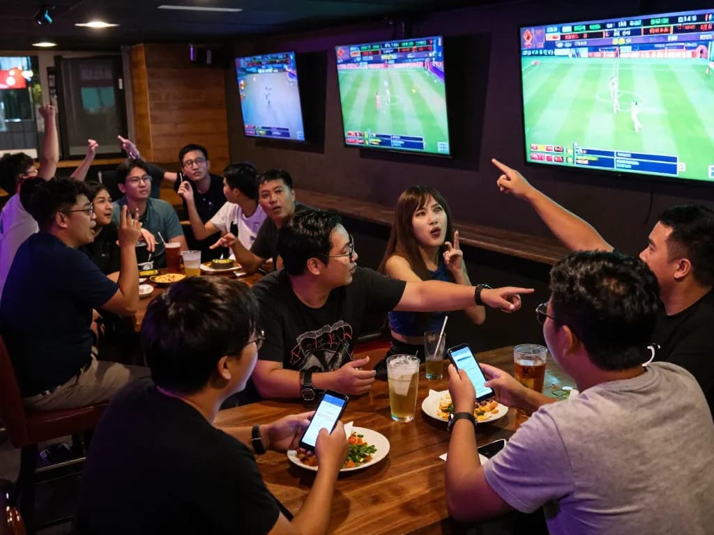 Engaging sports betting experience at uu88vn with excited patrons checking odds on smartphones.