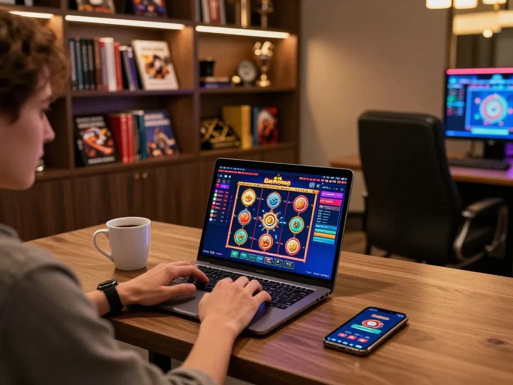 Engaging in non gamstop online gaming from a stylish home setup with vibrant slots interface.