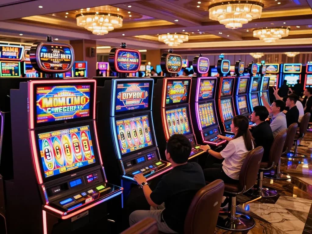Players celebrating wins at vibrant slot gacor machines in a lively casino environment.