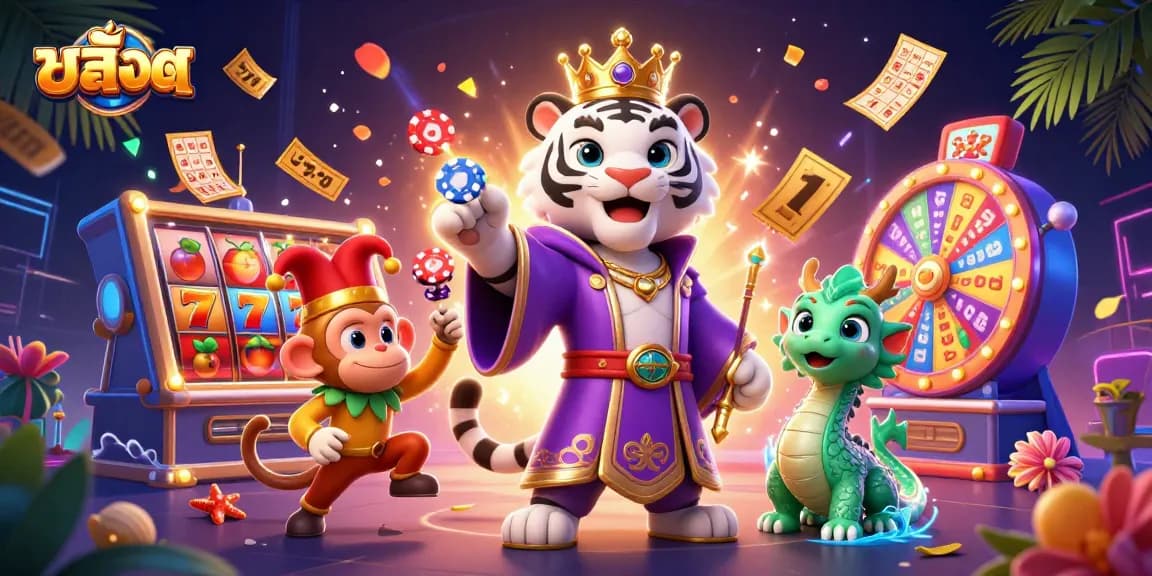 Experience thrilling สล็อต action with a regal tiger, jester monkey, and animated dragon amidst vibrant casino elements.