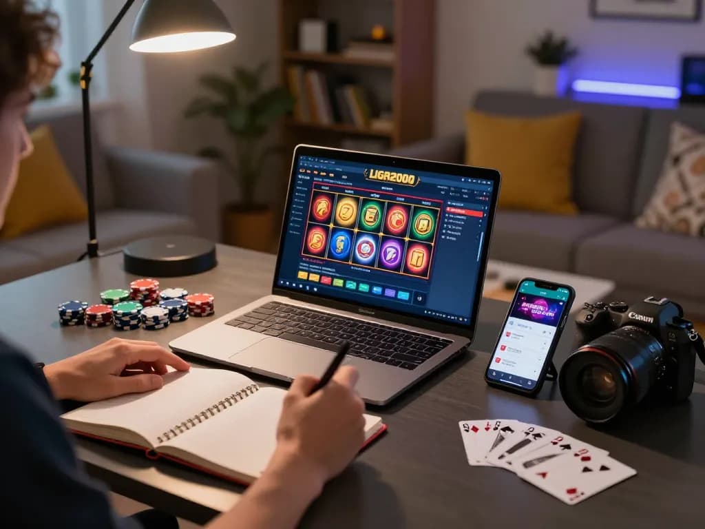 LIGA2000 online slot gaming session in a cozy home setup with strategic elements