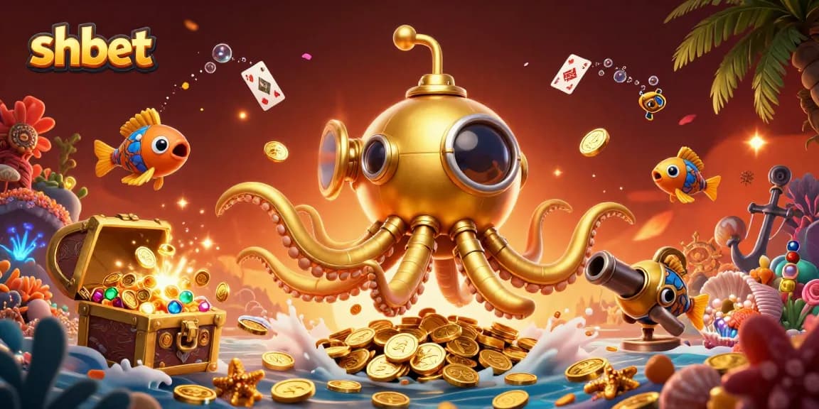 Experience thrilling gameplay at shbet, featuring a golden kraken submarine amidst treasures and casino symbols.