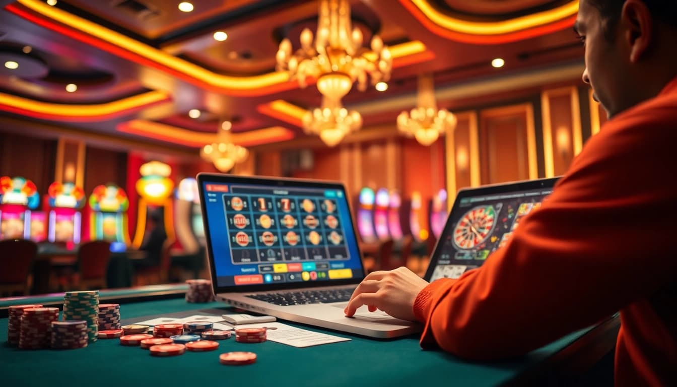 Experience the thrill of sbobet login indonesia with engaging online casino visuals, including colorful chips and tables.