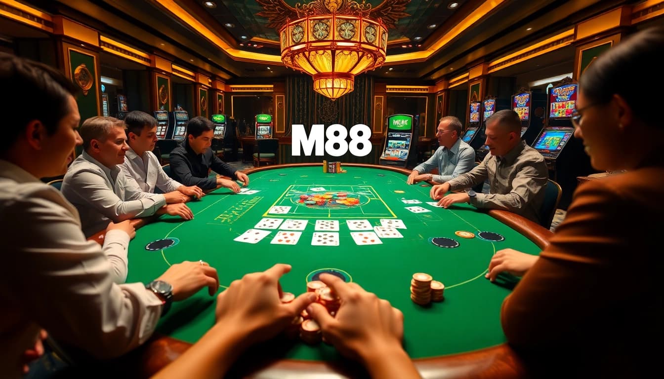 Exciting M88 poker game with vibrant chips and elegant table ambiance