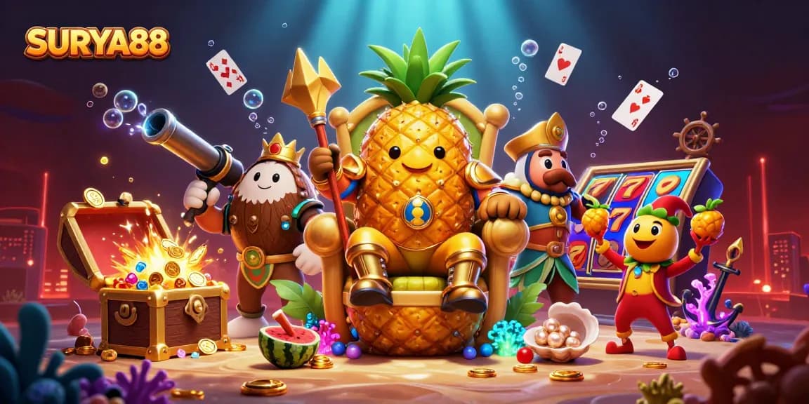 SURYA88 showcases a vibrant beach casino scene with a golden pineapple king and lively characters playing among slot reels and treasures.