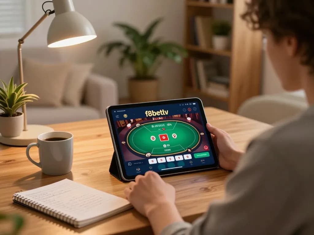 Engaging with the f8betlv app for online poker in a cozy home setting.
