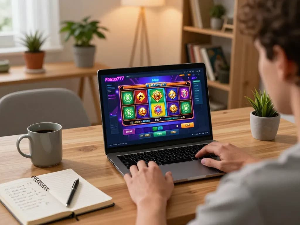 Engaging with Fokus777 online slot games in a cozy home setup.